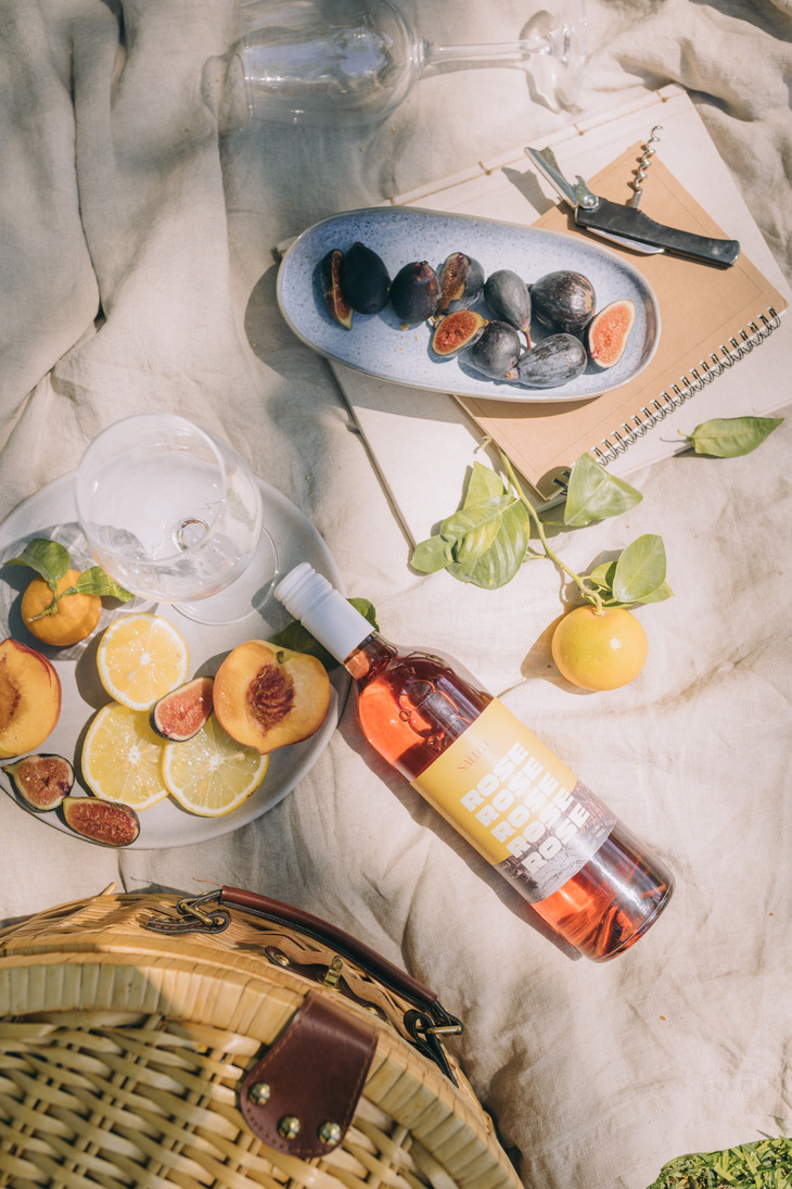 Top View of Fresh Fruits and Wine on a Picnic